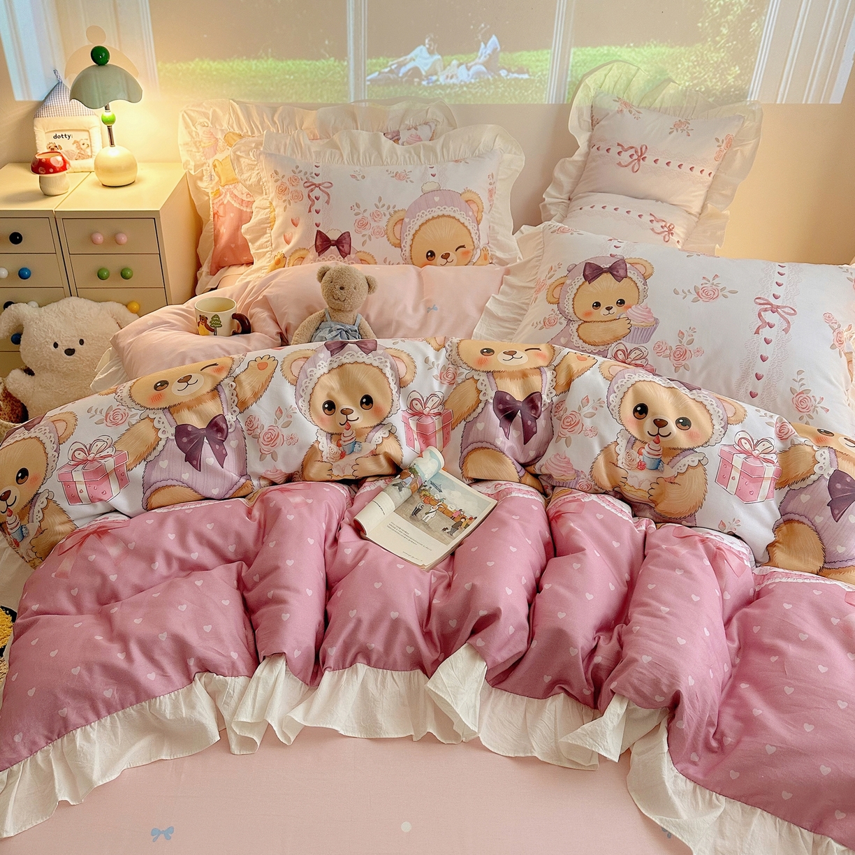 91家纺网 家纺一手货源 找家纺 孩子王家纺 2026新款韩式INS减龄小红书花边款全棉纯棉卡通四件套 花边甜梦小熊