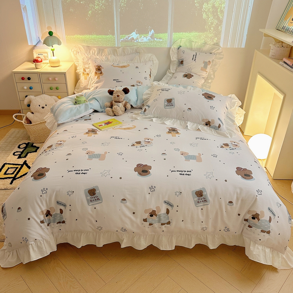 91家纺网 家纺一手货源 找家纺 孩子王家纺 2026新款韩式INS减龄小红书花边款全棉纯棉卡通四件套 花边小狗心事