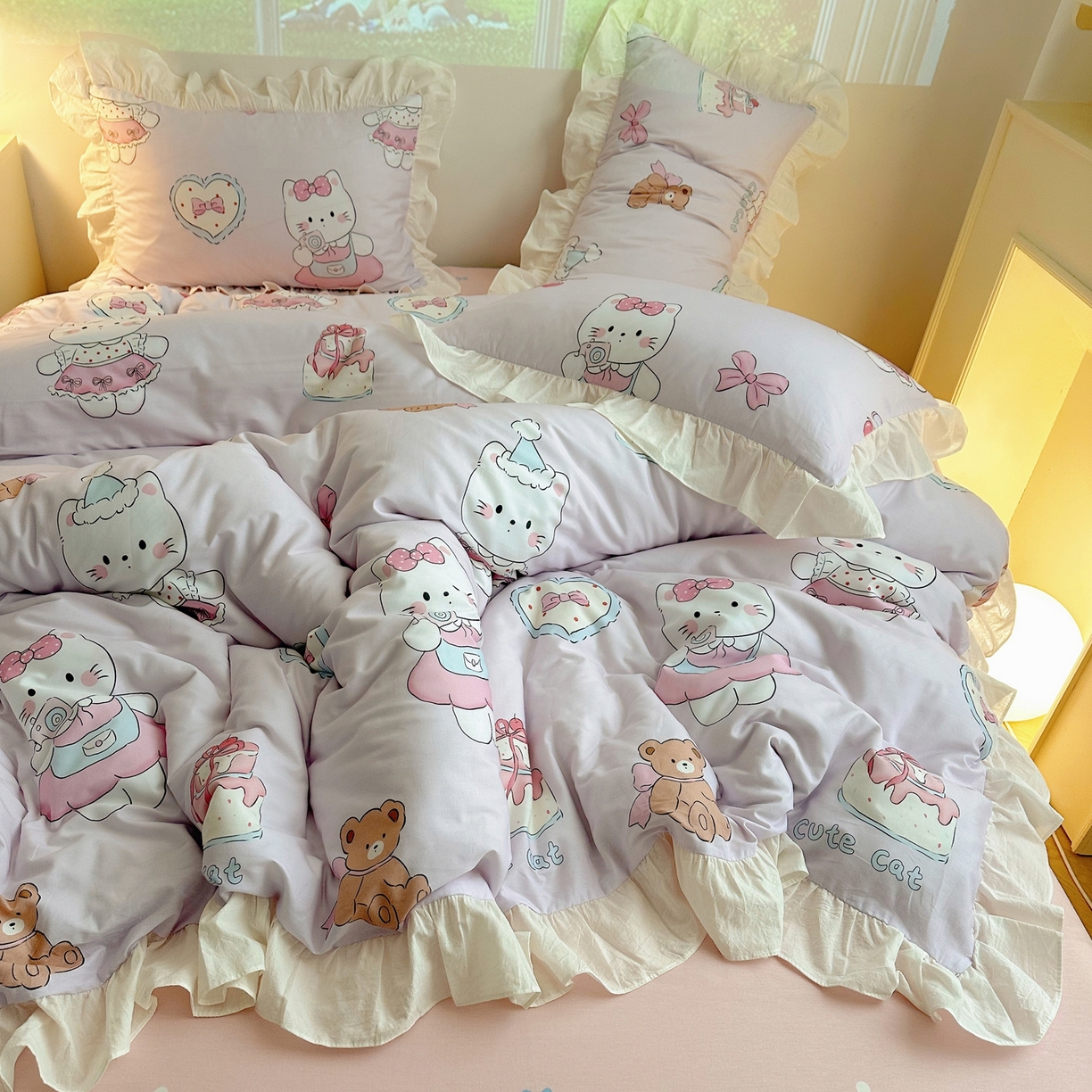 91家纺网 家纺一手货源 找家纺 孩子王家纺 2026新款韩式INS减龄小红书花边款全棉纯棉卡通四件套 花边甜妹小猫屋