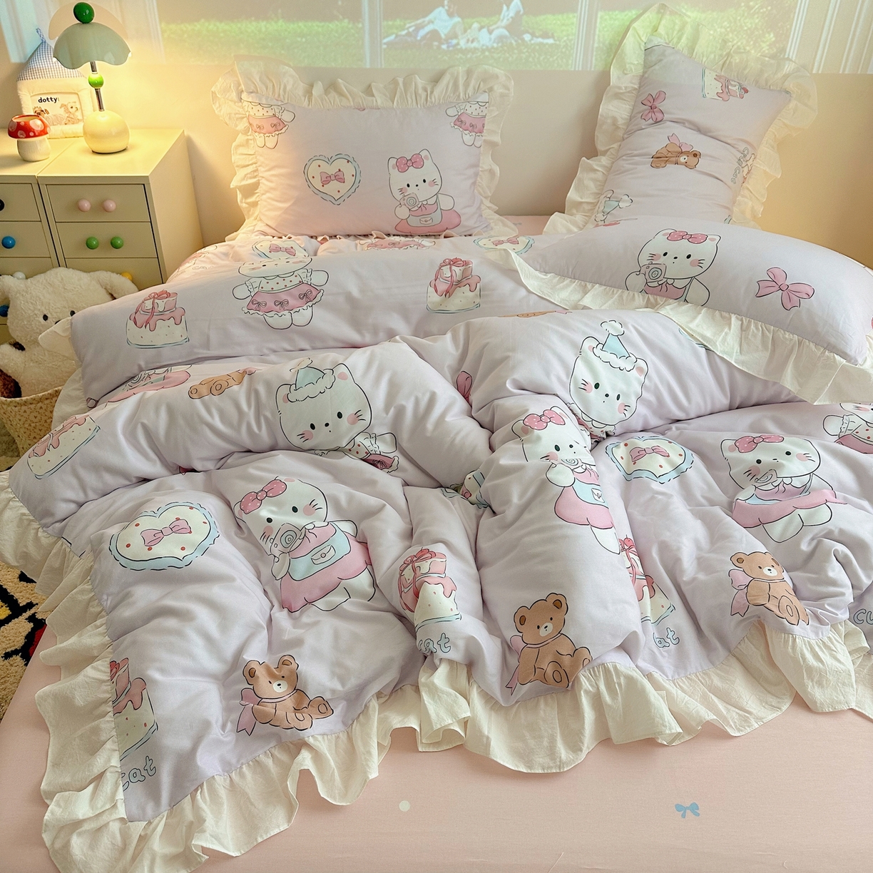 91家纺网 家纺一手货源 找家纺 孩子王家纺 2026新款韩式INS减龄小红书花边款全棉纯棉卡通四件套 花边甜妹小猫屋