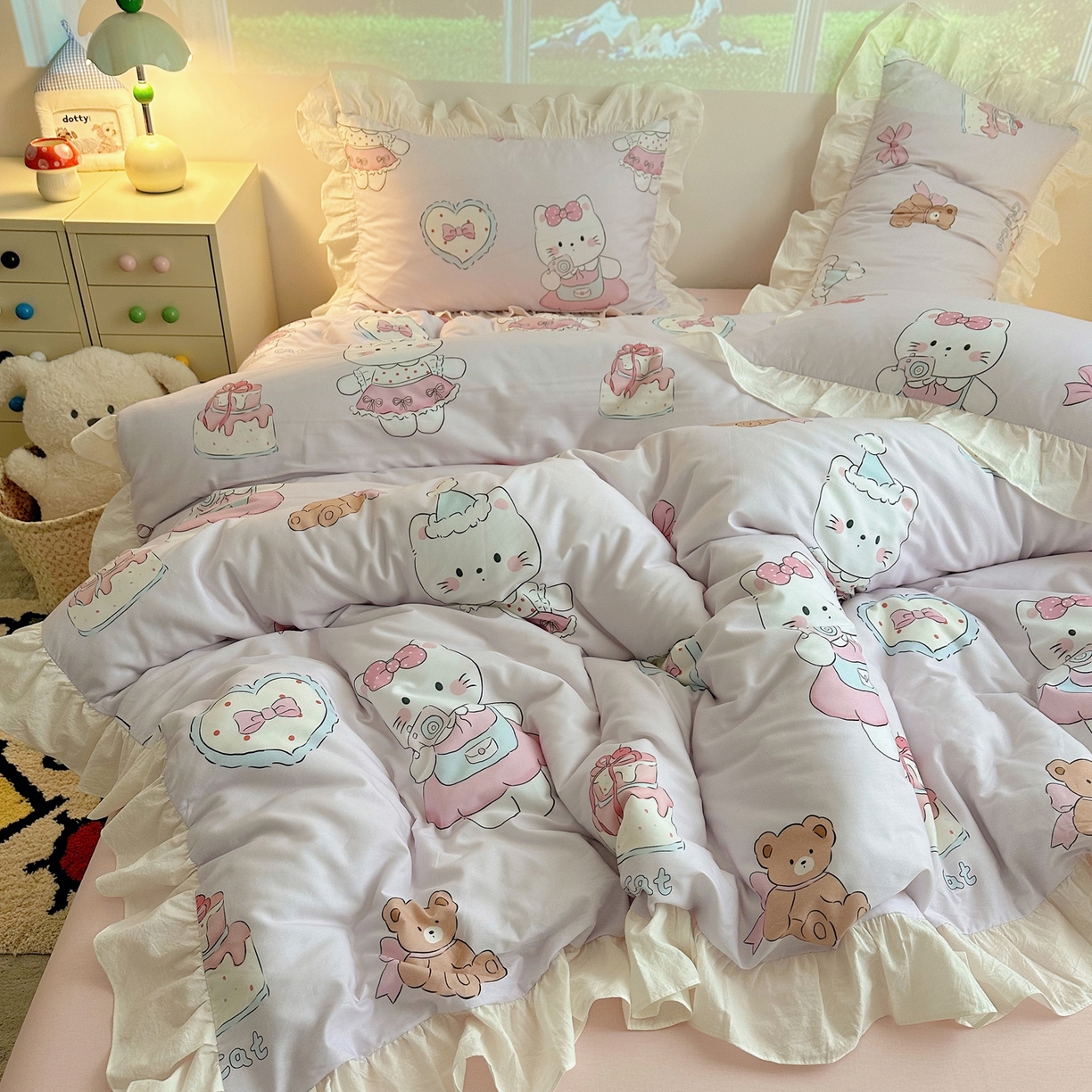 91家纺网 家纺一手货源 找家纺 孩子王家纺 2026新款韩式INS减龄小红书花边款全棉纯棉卡通四件套 花边甜妹小猫屋