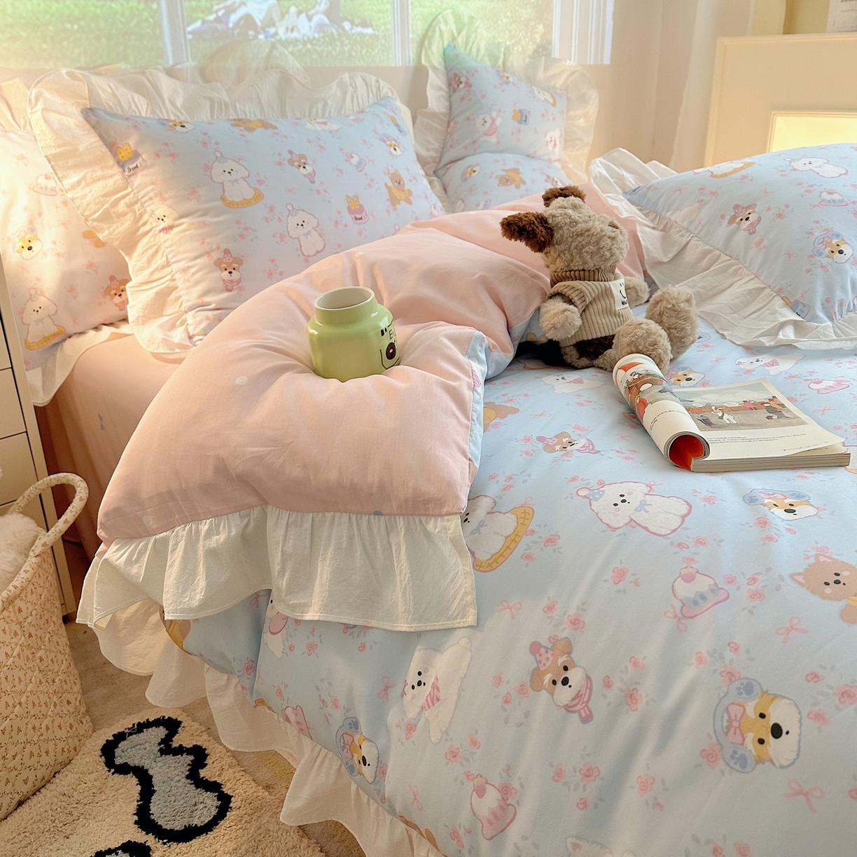 91家纺网 家纺一手货源 找家纺 孩子王家纺 2026新款韩式INS减龄小红书花边款全棉纯棉卡通四件套 花边小狗派对