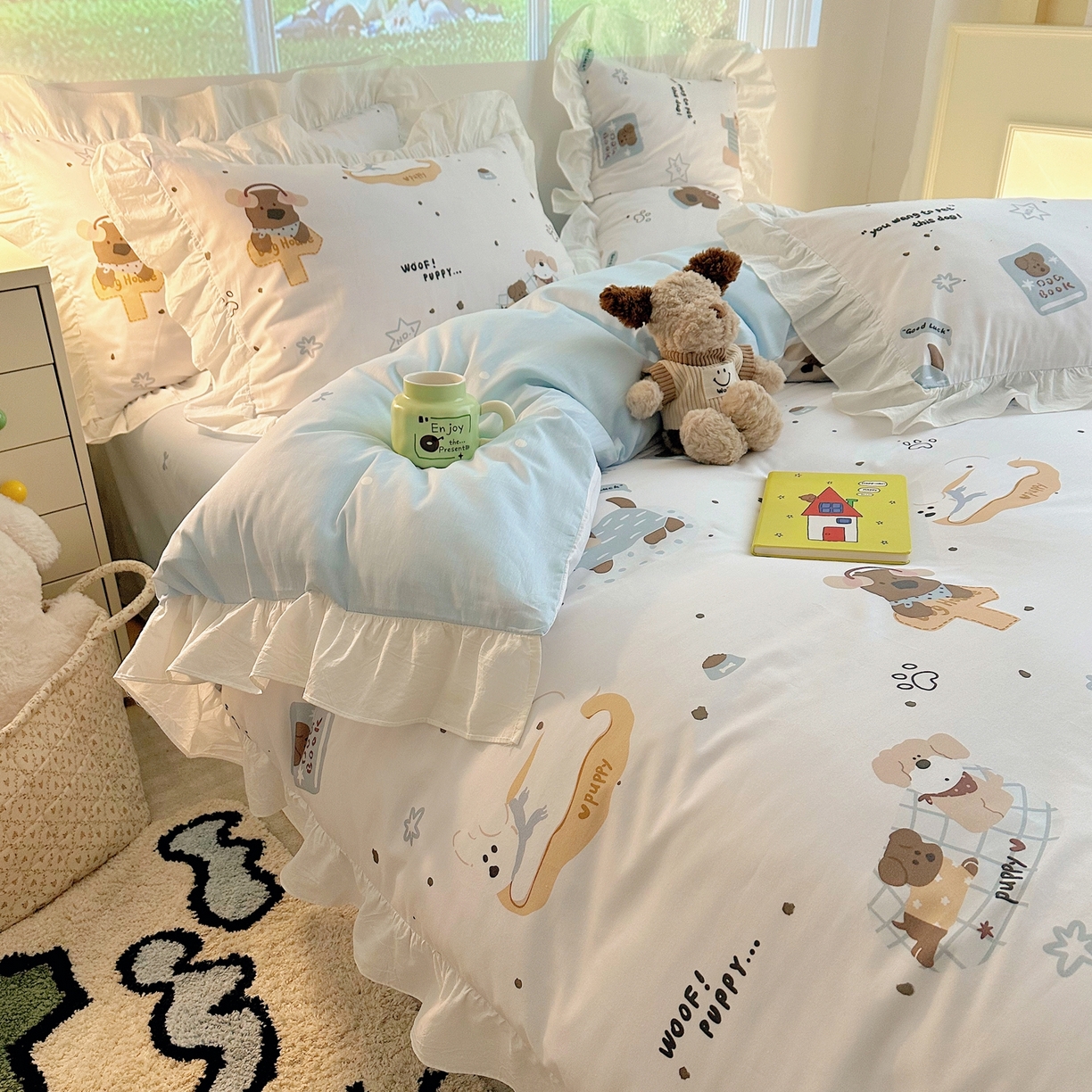 91家纺网 家纺一手货源 找家纺 孩子王家纺 2026新款韩式INS减龄小红书花边款全棉纯棉卡通四件套 花边小狗心事