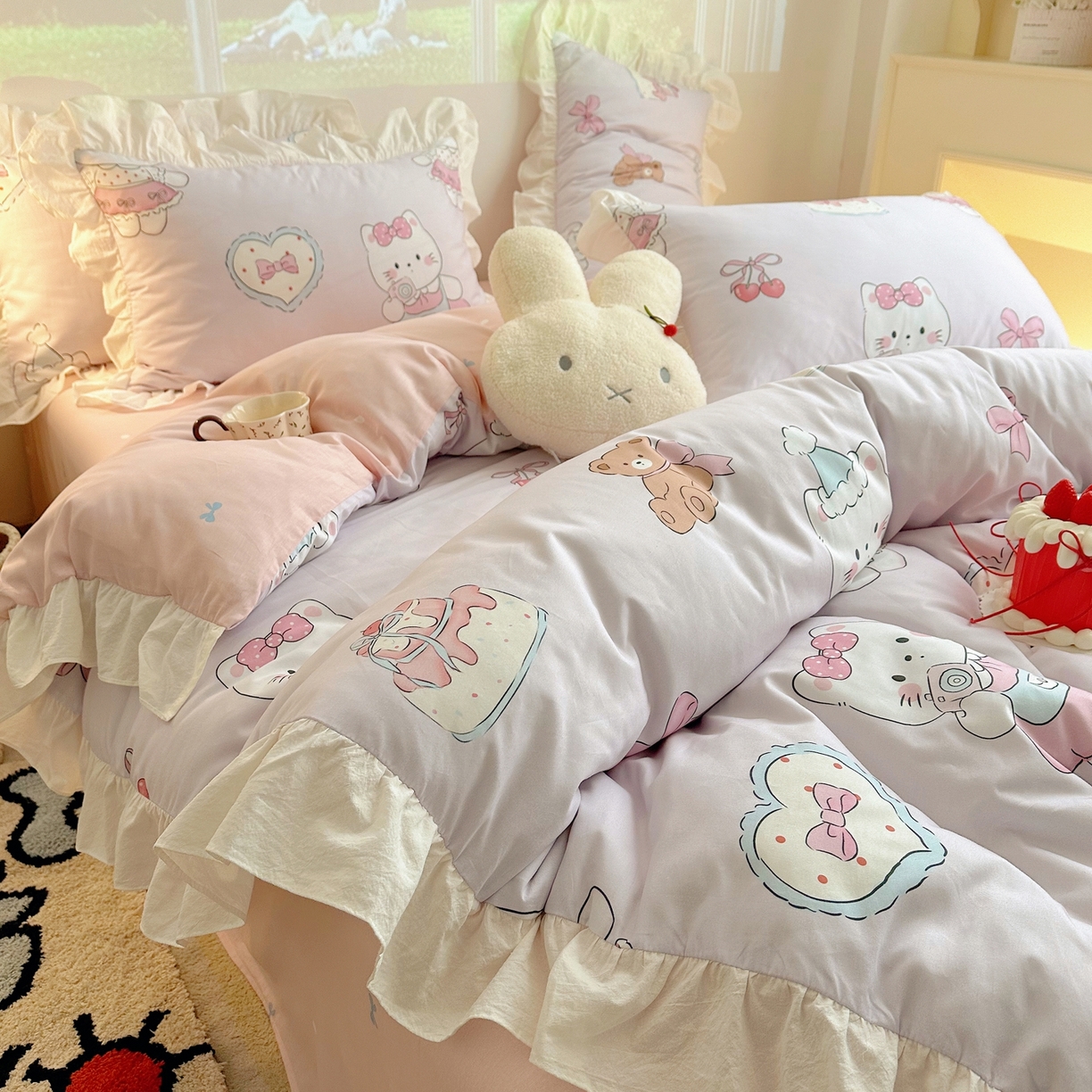 91家纺网 家纺一手货源 找家纺 孩子王家纺 2026新款韩式INS减龄小红书花边款全棉纯棉卡通四件套 花边甜妹小猫屋