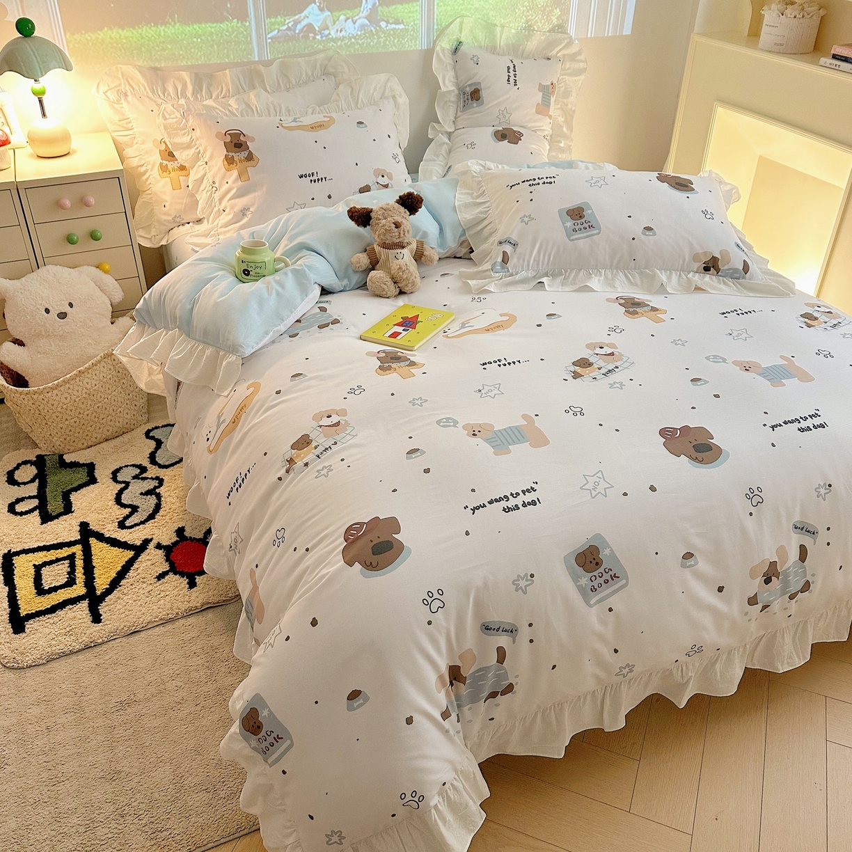 91家纺网 家纺一手货源 找家纺 孩子王家纺 2026新款韩式INS减龄小红书花边款全棉纯棉卡通四件套 花边小狗心事