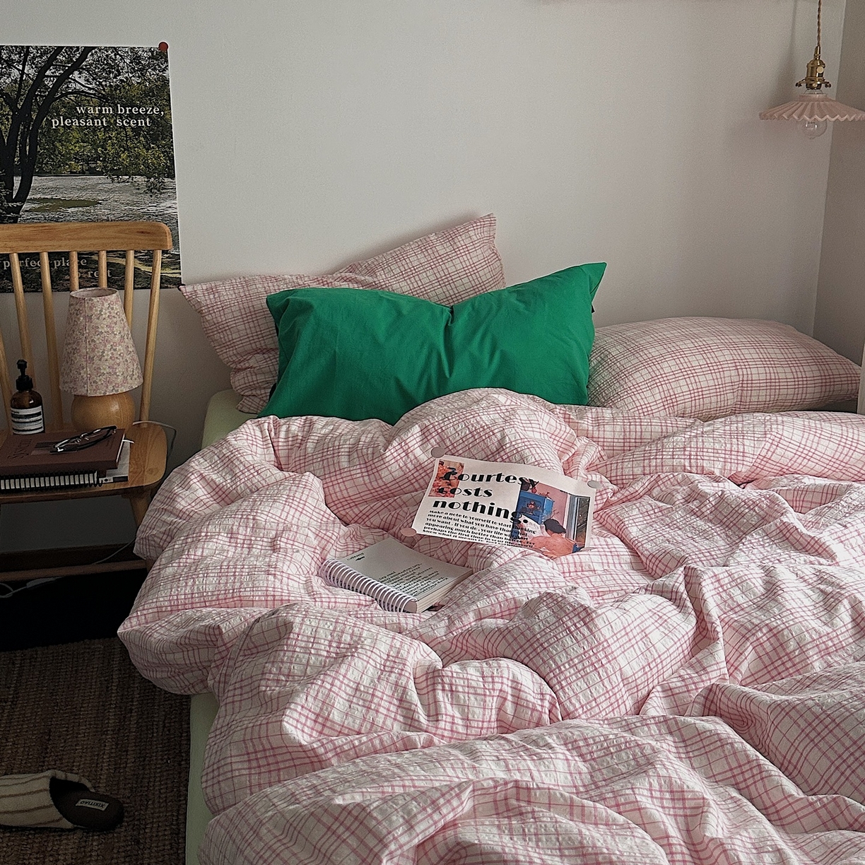 91家纺网 家纺一手货源 找家纺 （总）柚可家居 2026新款32支全棉纯棉色织水洗棉泡泡纱四件套-盐茶（送手提袋）