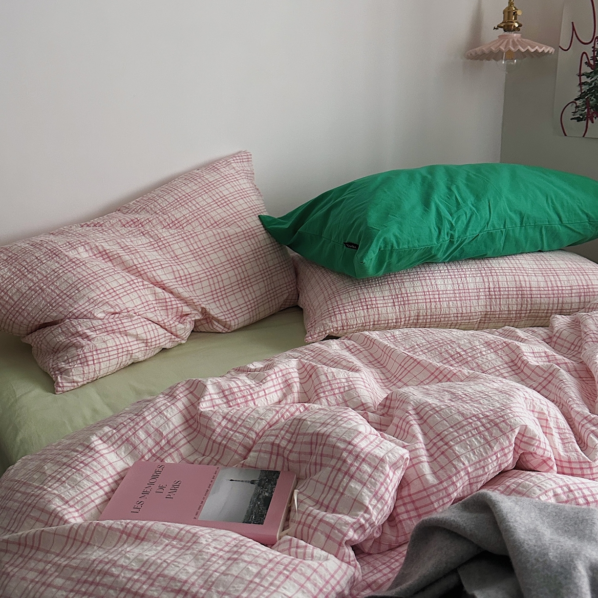 91家纺网 家纺一手货源 找家纺 （总）柚可家居 2026新款32支全棉纯棉色织水洗棉泡泡纱四件套-盐茶（送手提袋）