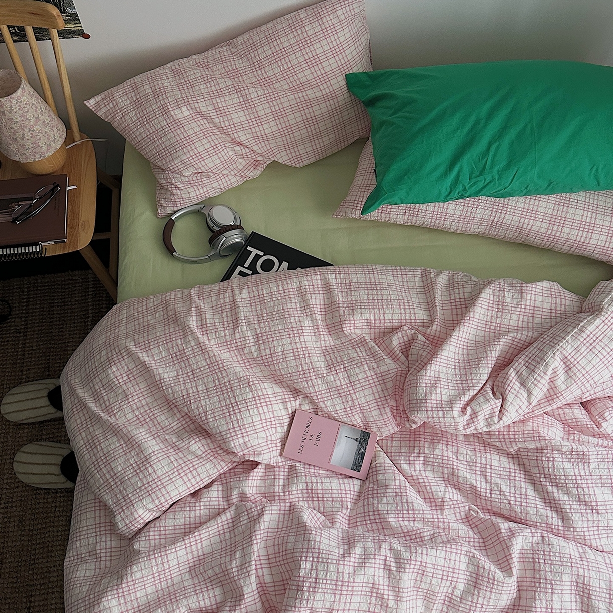 91家纺网 家纺一手货源 找家纺 （总）柚可家居 2026新款32支全棉纯棉色织水洗棉泡泡纱四件套-盐茶（送手提袋）