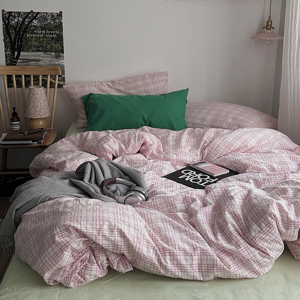 91家纺网 家纺一手货源 找家纺 （总）柚可家居 2026新款32支全棉纯棉色织水洗棉泡泡纱四件套-盐茶（送手提袋）