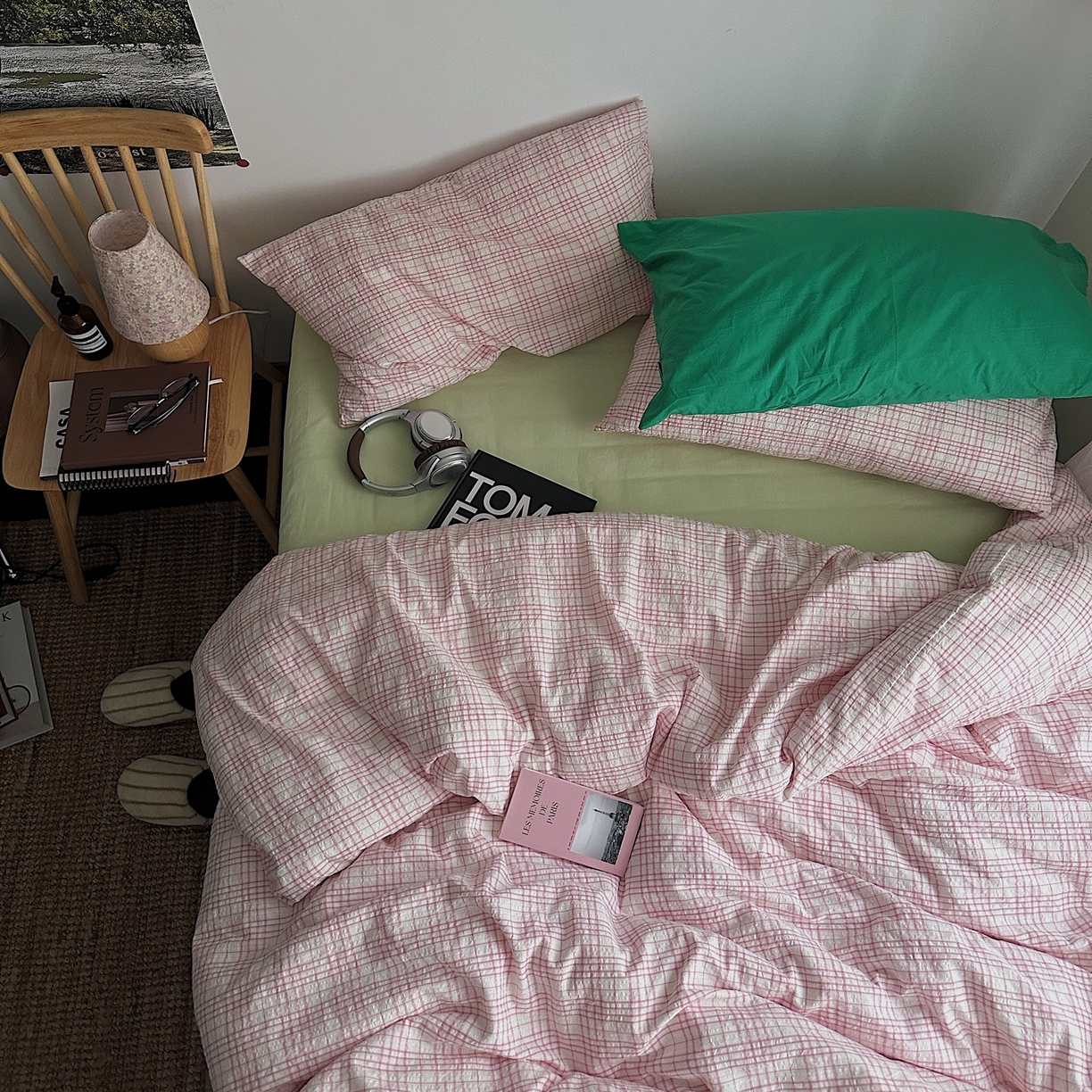 91家纺网 家纺一手货源 找家纺 （总）柚可家居 2026新款32支全棉纯棉色织水洗棉泡泡纱四件套-盐茶（送手提袋）