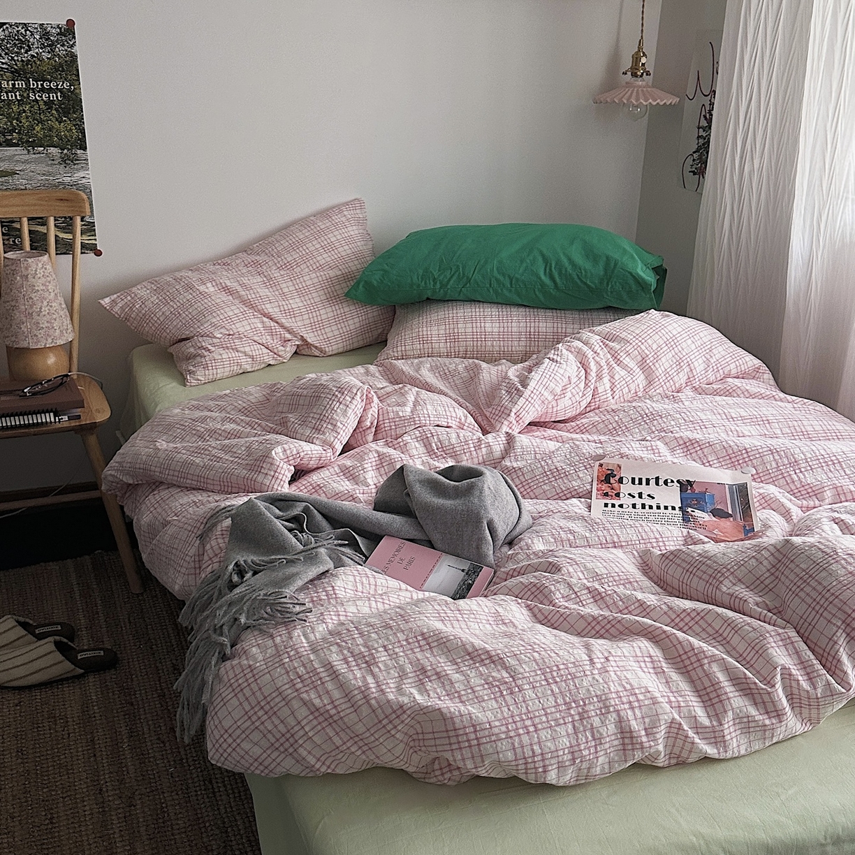 91家纺网 家纺一手货源 找家纺 （总）柚可家居 2026新款32支全棉纯棉色织水洗棉泡泡纱四件套-盐茶（送手提袋）