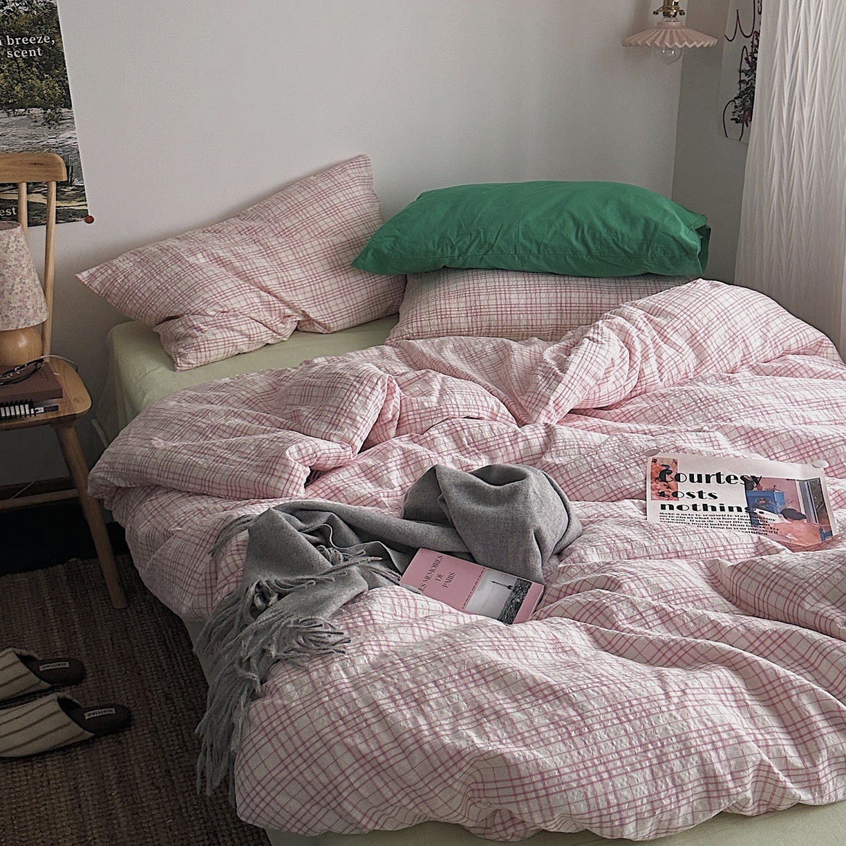 91家纺网 家纺一手货源 找家纺 （总）柚可家居 2026新款32支全棉纯棉色织水洗棉泡泡纱四件套-盐茶（送手提袋）