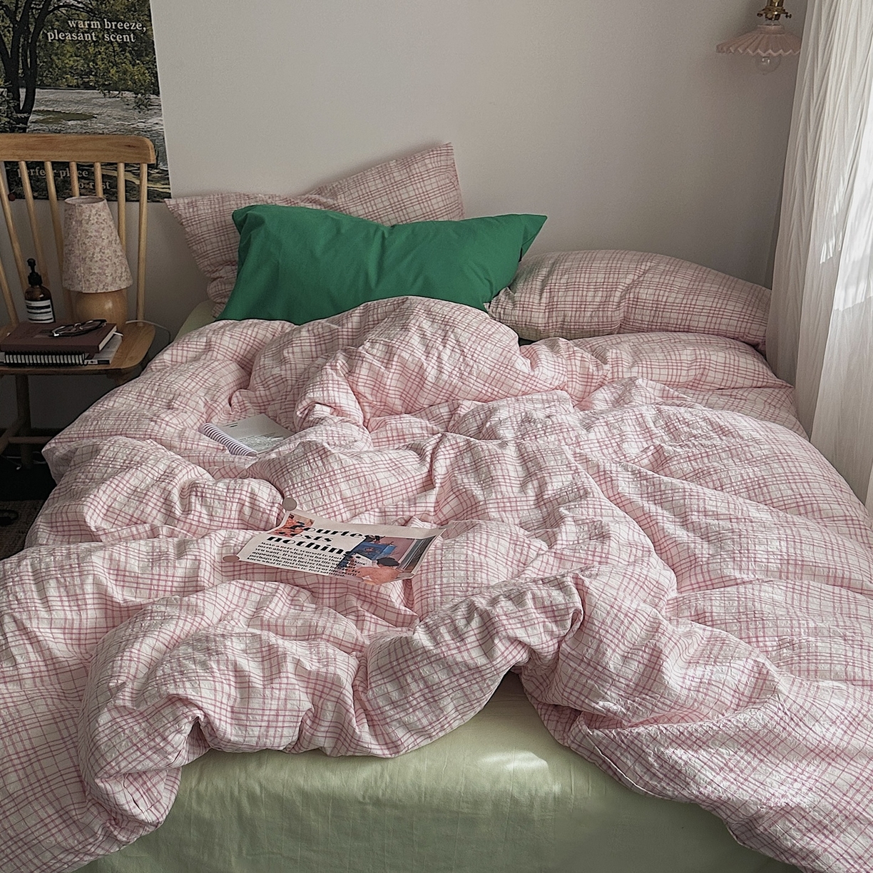 91家纺网 家纺一手货源 找家纺 （总）柚可家居 2026新款32支全棉纯棉色织水洗棉泡泡纱四件套-盐茶（送手提袋）