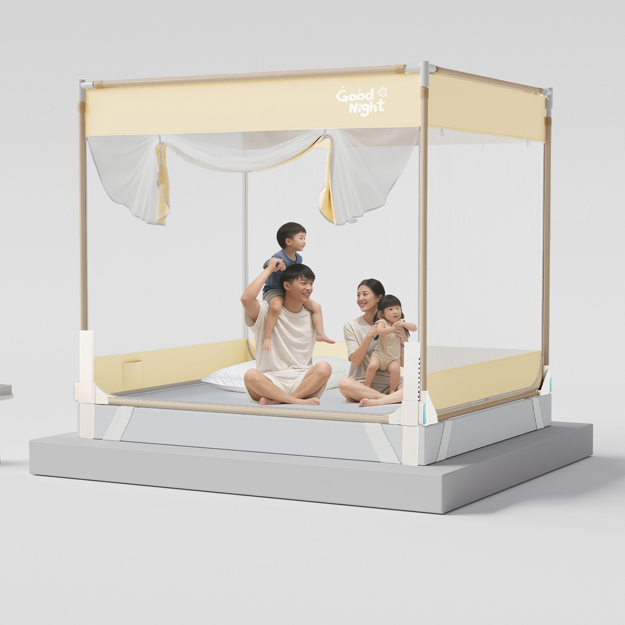 初心家纺 2026新款坐床外穿杆全底防摔蚊帐 米-字母