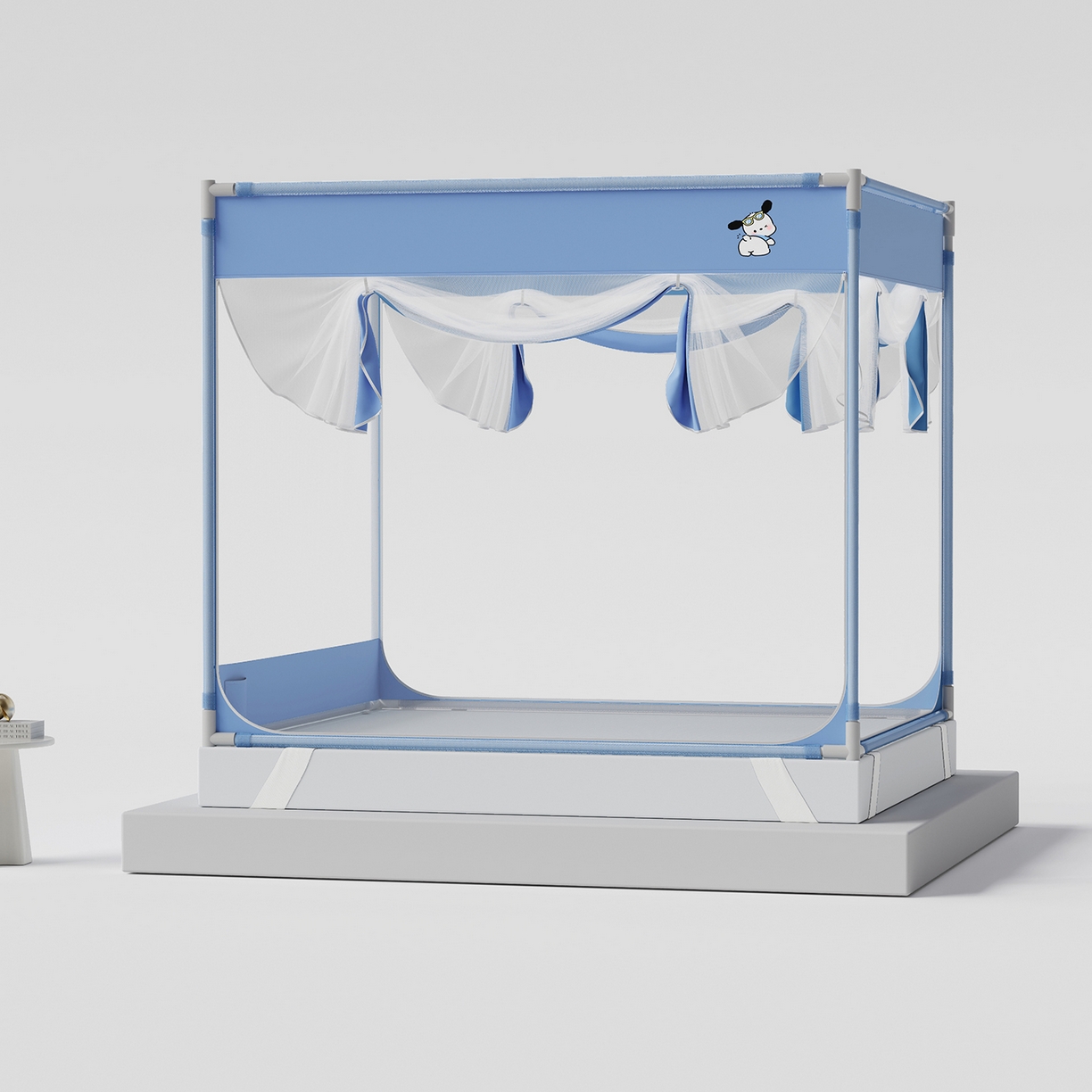 91家纺网 家纺一手货源 找家纺 初心家纺 2026新款坐床外穿杆全底防摔蚊帐 蓝-爱心小狗