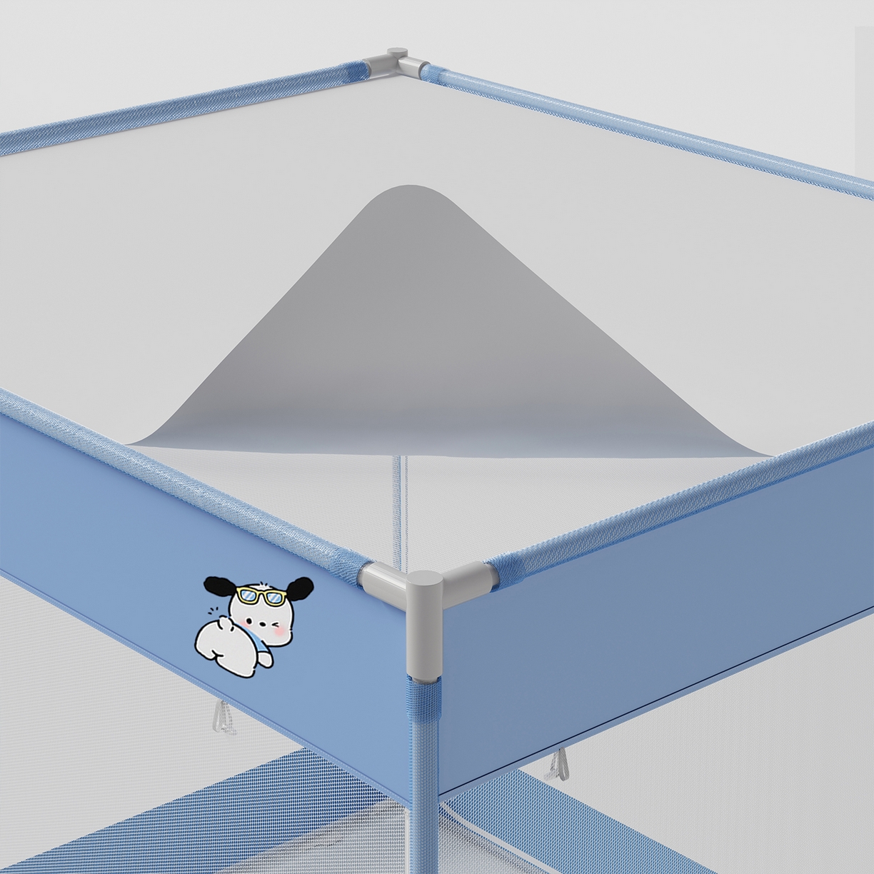 91家纺网 家纺一手货源 找家纺 初心家纺 2026新款坐床外穿杆全底防摔蚊帐 蓝-爱心小狗