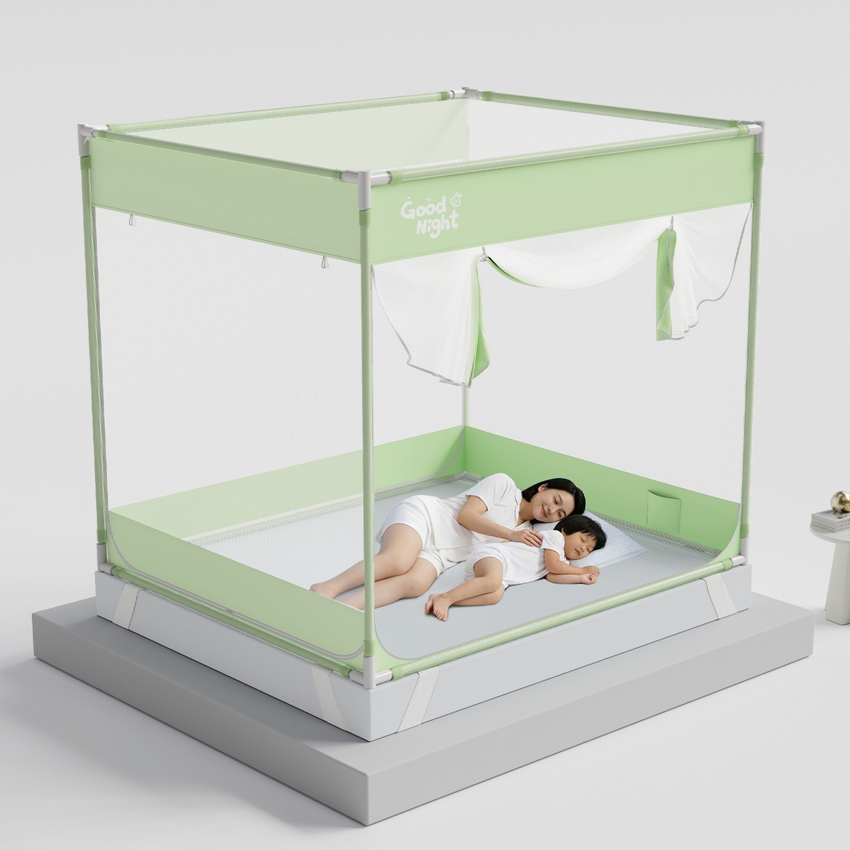 91家纺网 家纺一手货源 找家纺 初心家纺 2026新款坐床外穿杆全底防摔蚊帐 绿-字母