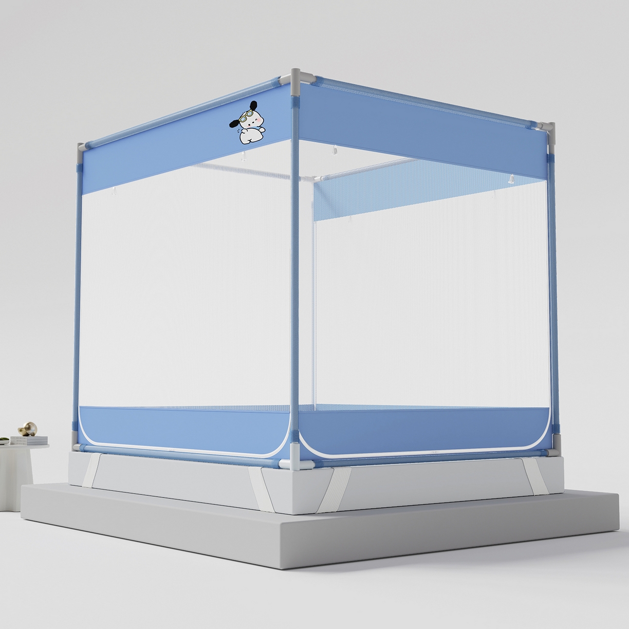 91家纺网 家纺一手货源 找家纺 初心家纺 2026新款坐床外穿杆全底防摔蚊帐 蓝-爱心小狗