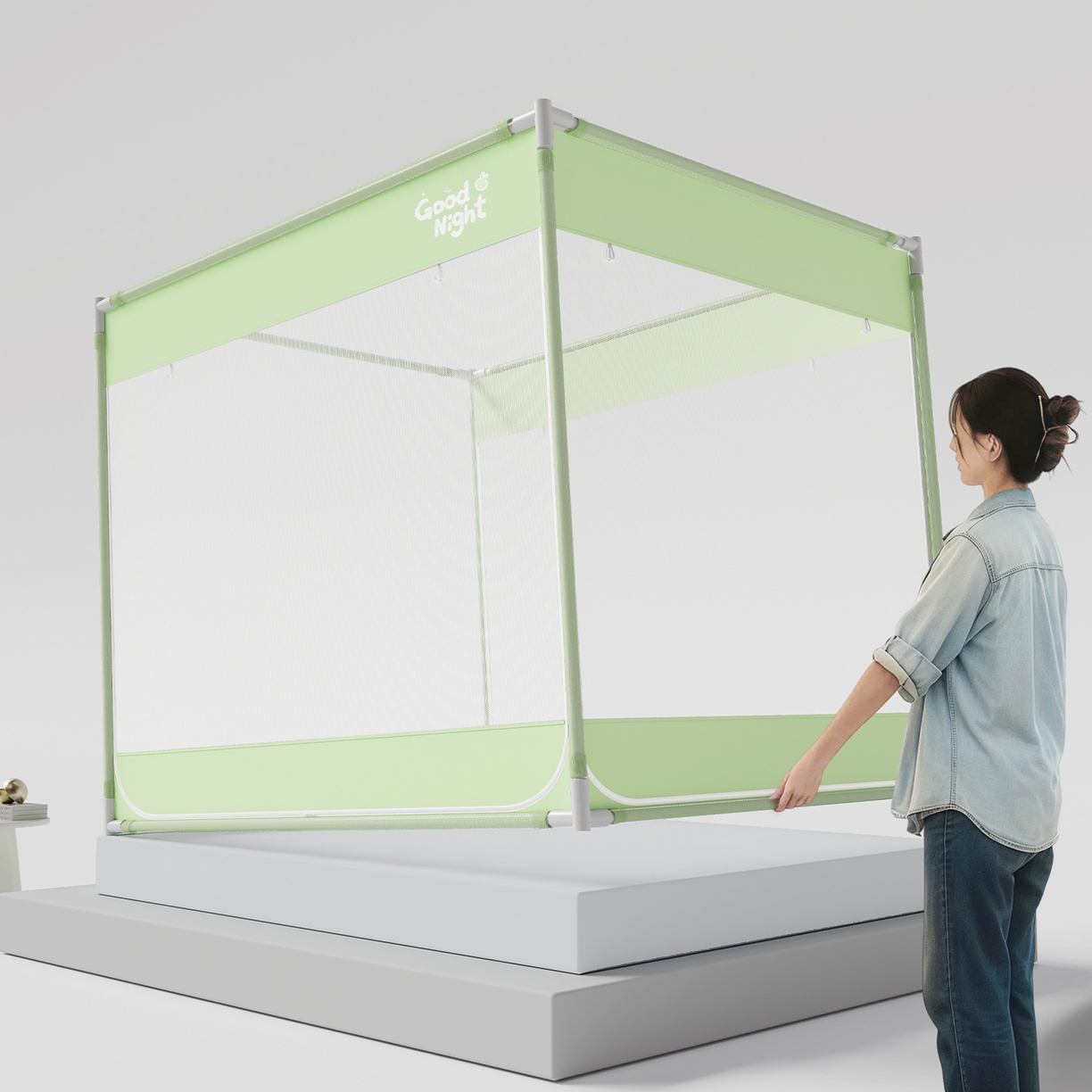 91家纺网 家纺一手货源 找家纺 初心家纺 2026新款坐床外穿杆全底防摔蚊帐 绿-字母