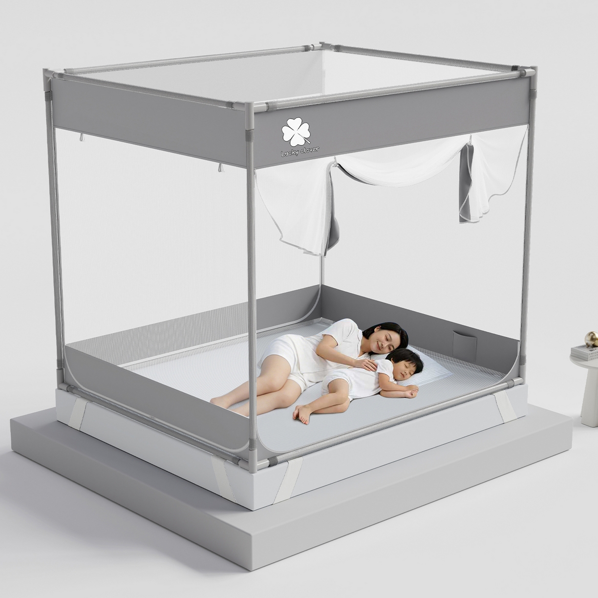 91家纺网 家纺一手货源 找家纺 初心家纺 2026新款坐床外穿杆全底防摔蚊帐 灰-幸运草