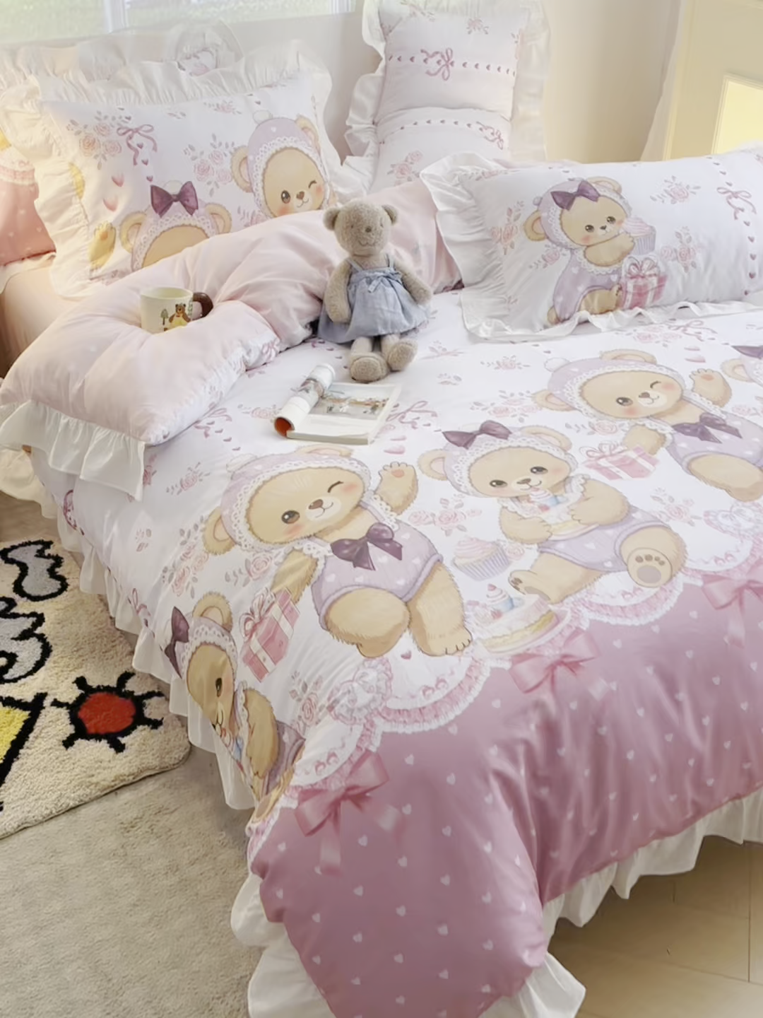 91家纺网 家纺一手货源 找家纺 孩子王家纺 2026新款韩式INS减龄小红书花边款全棉纯棉卡通四件套 花边甜梦小熊