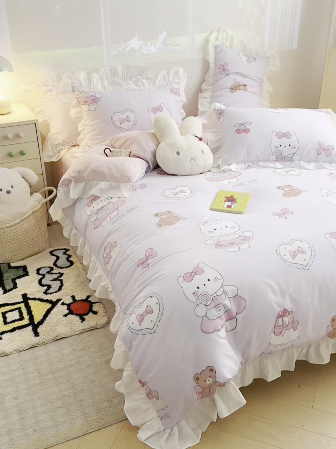 91家纺网 家纺一手货源 找家纺 孩子王家纺 2026新款韩式INS减龄小红书花边款全棉纯棉卡通四件套 花边甜妹小猫屋