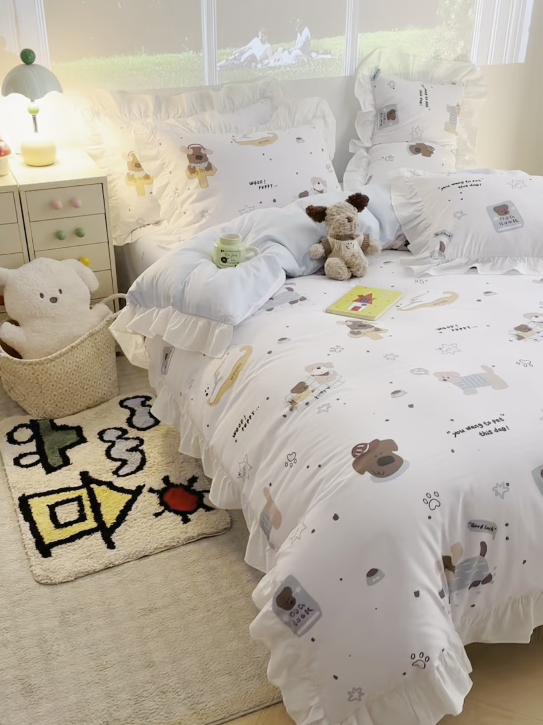 91家纺网 家纺一手货源 找家纺 孩子王家纺 2026新款韩式INS减龄小红书花边款全棉纯棉卡通四件套 花边小狗心事