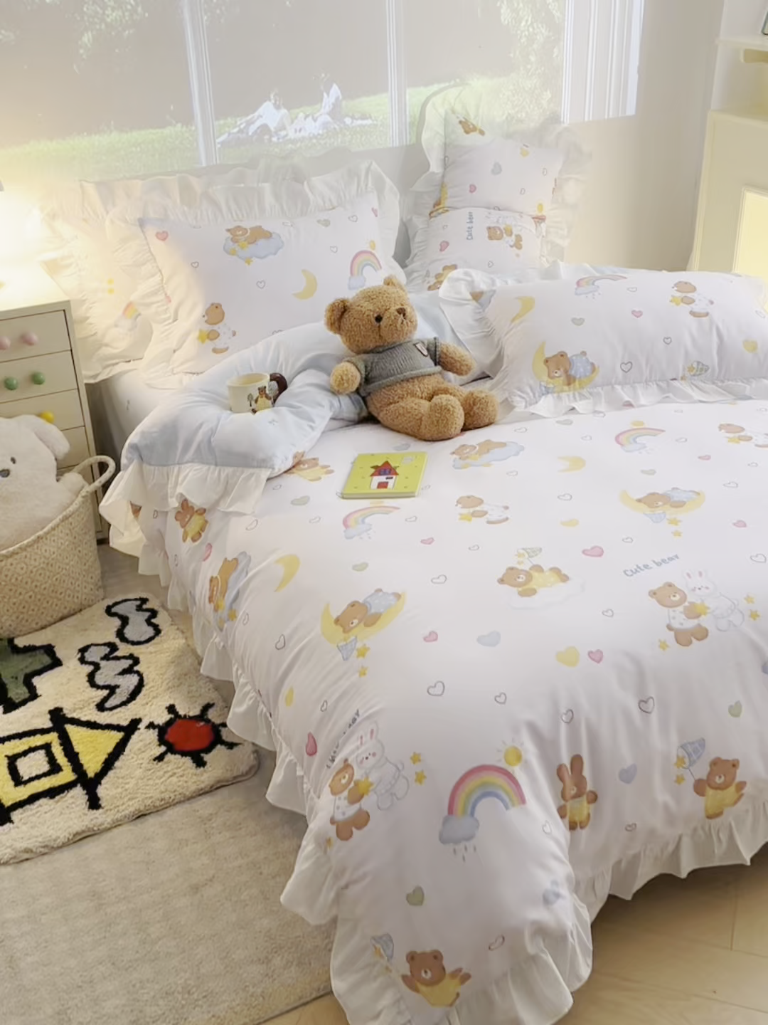 91家纺网 家纺一手货源 找家纺 孩子王家纺 2026新款韩式INS减龄小红书花边款全棉纯棉卡通四件套 花边小熊星梦