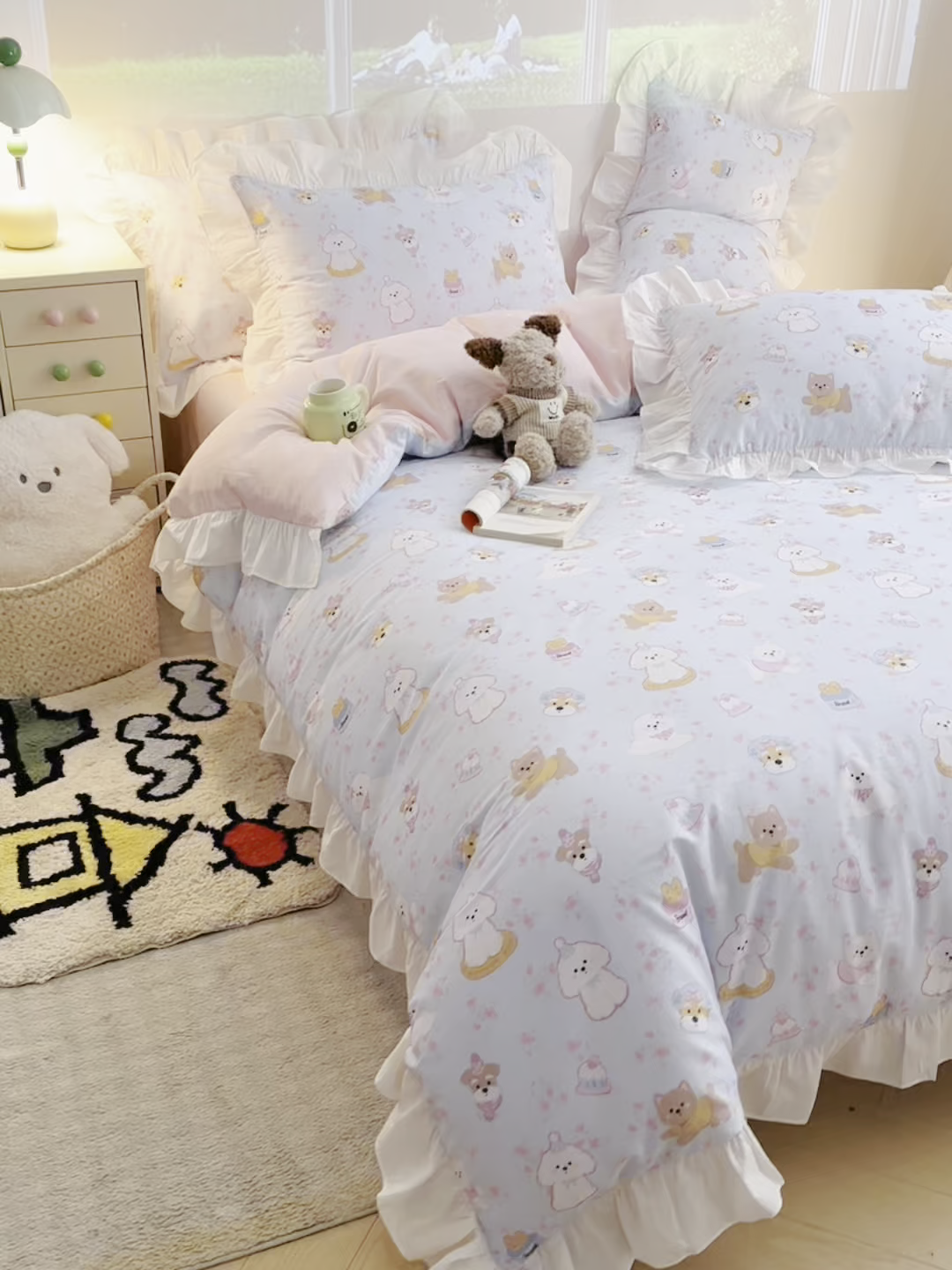 91家纺网 家纺一手货源 找家纺 孩子王家纺 2026新款韩式INS减龄小红书花边款全棉纯棉卡通四件套 花边小狗派对