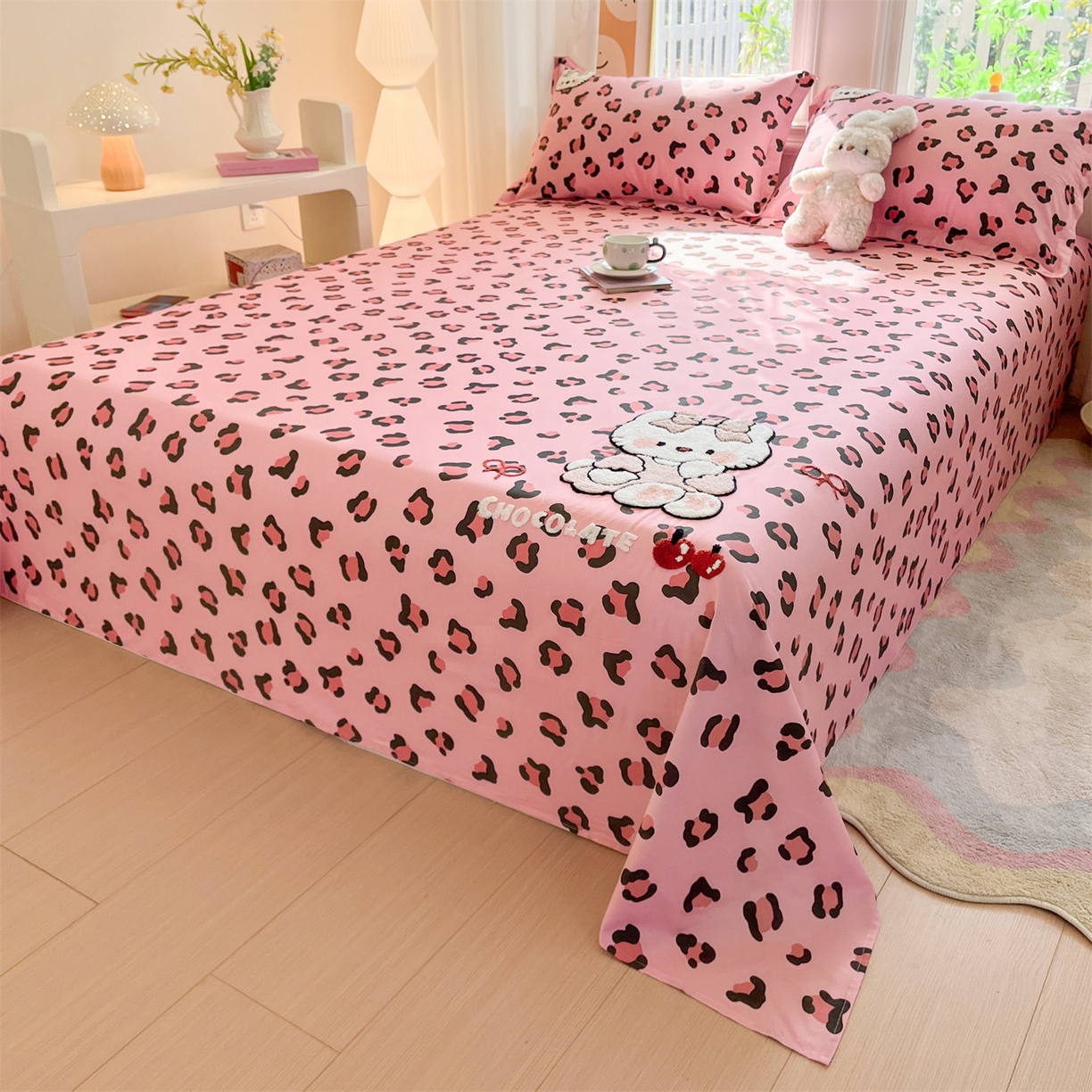 91家纺网 家纺一手货源 找家纺 笙意家纺 2026新款50S全棉纯棉毛巾绣单品床单床单单件 粉豹纹喵