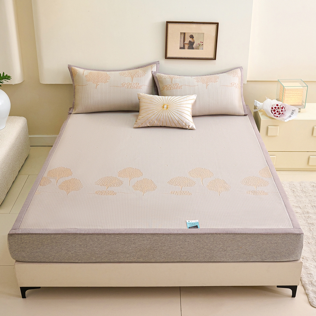 91家纺网 家纺一手货源 找家纺 梵克保罗 2026春夏新款A类3D凉感冰豆豆席刺绣席子凉席三件套-平铺款幸福树 平铺款-幸福树咖色