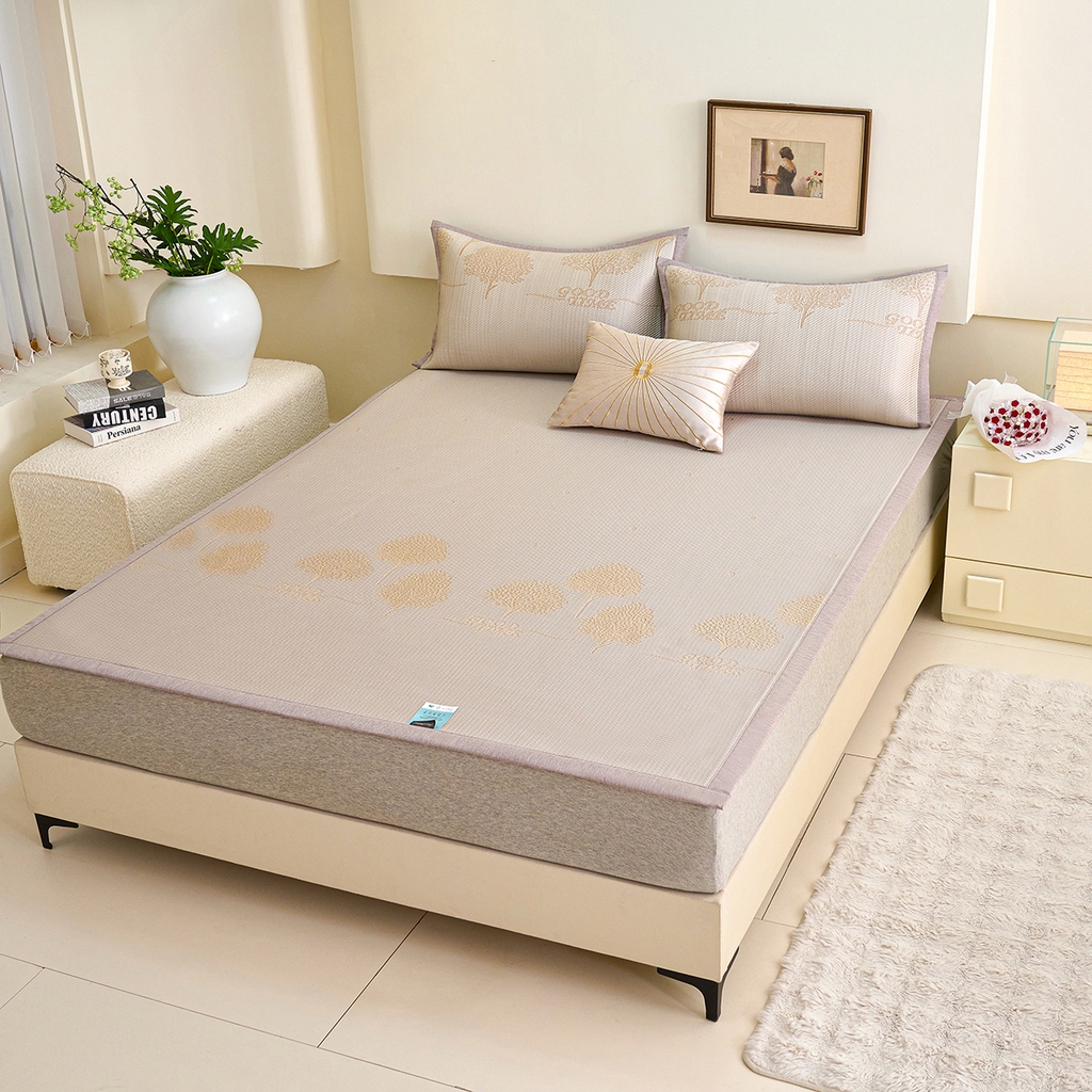 91家纺网 家纺一手货源 找家纺 梵克保罗 2026春夏新款A类3D凉感冰豆豆席刺绣席子凉席三件套-平铺款幸福树 平铺款-幸福树咖色