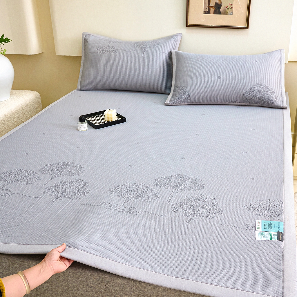 梵克保罗 2026春夏新款A类3D凉感冰豆豆席刺绣席子凉席三件套-平铺款幸福树 平铺款-幸福树灰色