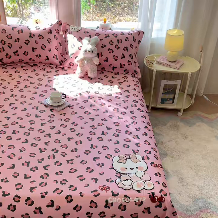 91家纺网 家纺一手货源 找家纺 笙意家纺 2026新款50S全棉纯棉毛巾绣单品床单床单单件 粉豹纹喵