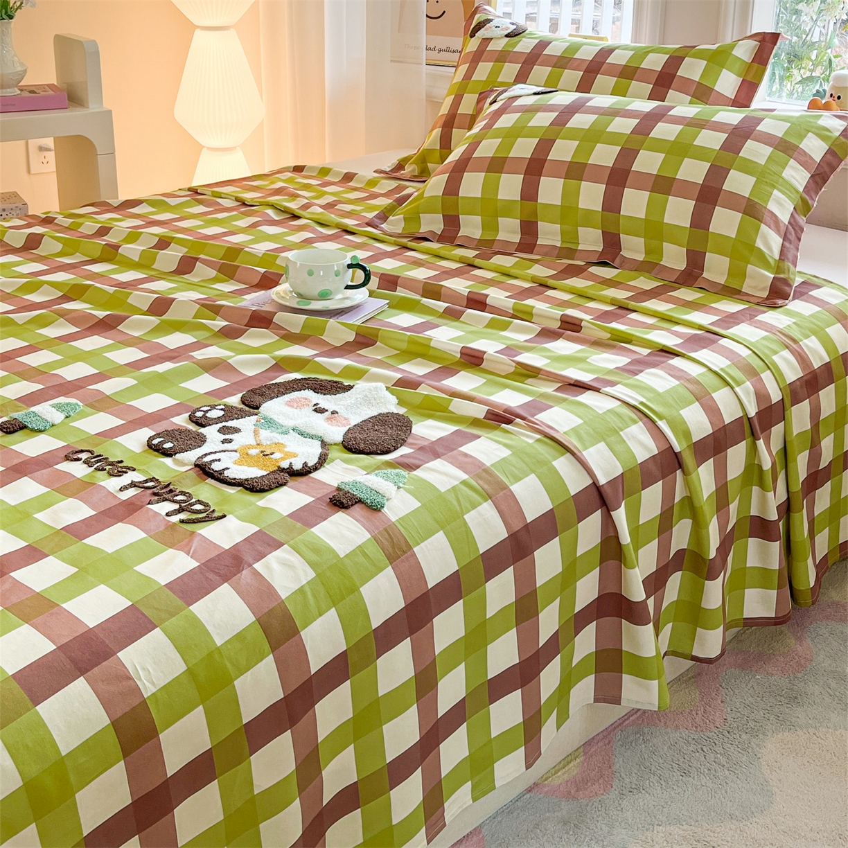 91家纺网 家纺一手货源 找家纺 笙意家纺 2026新款50S全棉纯棉毛巾绣单品床单床单单件 复古格犬