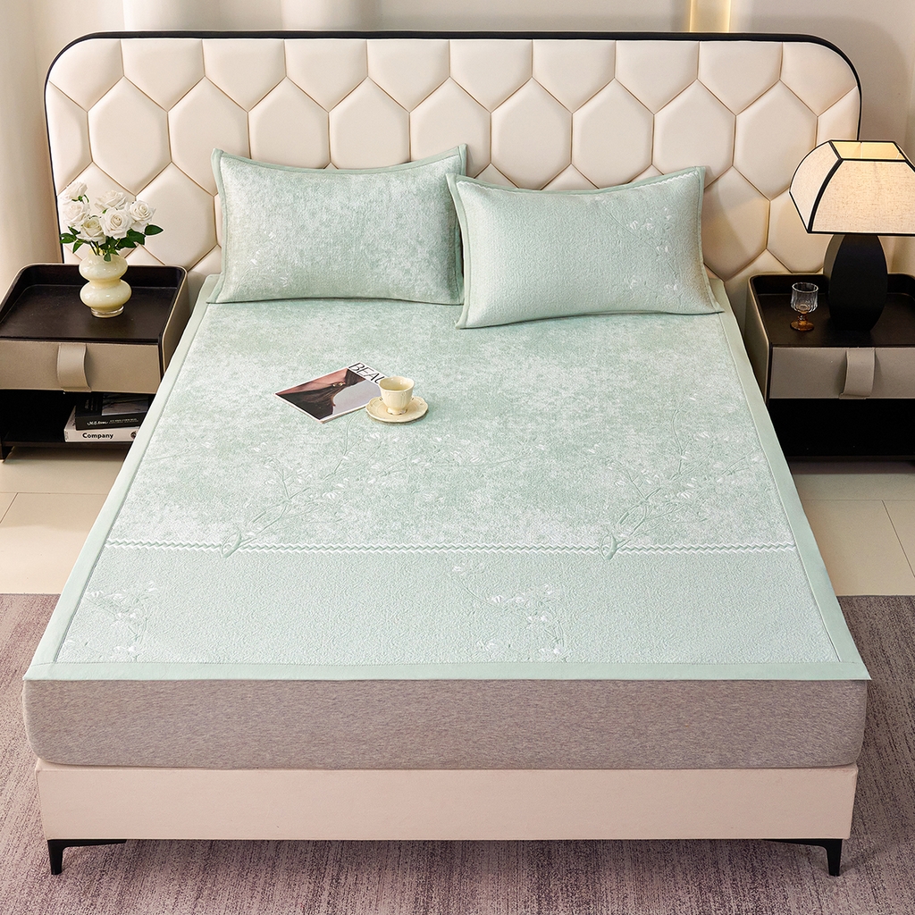 91家纺网 家纺一手货源 找家纺 梵克保罗 2026春夏新款A类3D凉感冰豆豆席刺绣席子凉席三件套-平铺款花枝招展 平铺款-花枝招展绿色