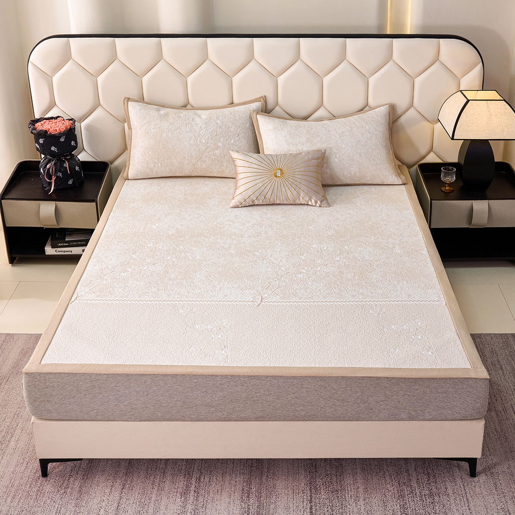 梵克保罗 2026春夏新款A类3D凉感冰豆豆席刺绣席子凉席三件套-平铺款花枝招展 平铺款-花枝招展米色