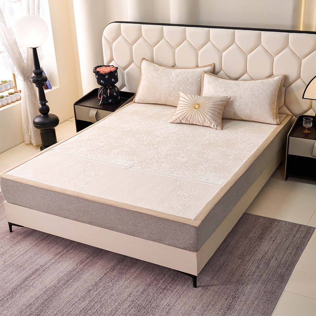 91家纺网 家纺一手货源 找家纺 梵克保罗 2026春夏新款A类3D凉感冰豆豆席刺绣席子凉席三件套-平铺款花枝招展 平铺款-花枝招展米色