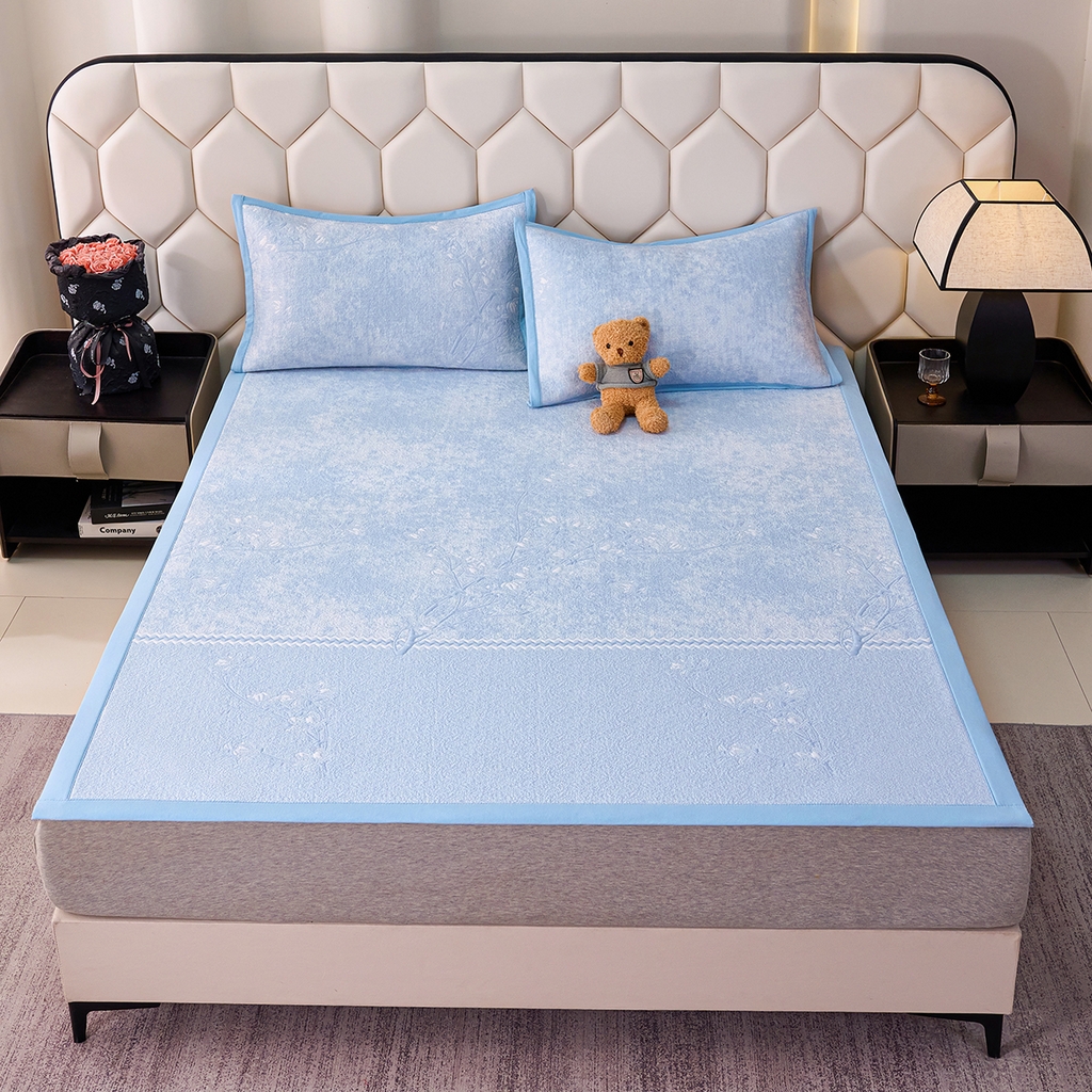 （总）梵克保罗 2026春夏新款A类3D凉感冰豆豆席刺绣席子凉席三件套-平铺款花枝招展