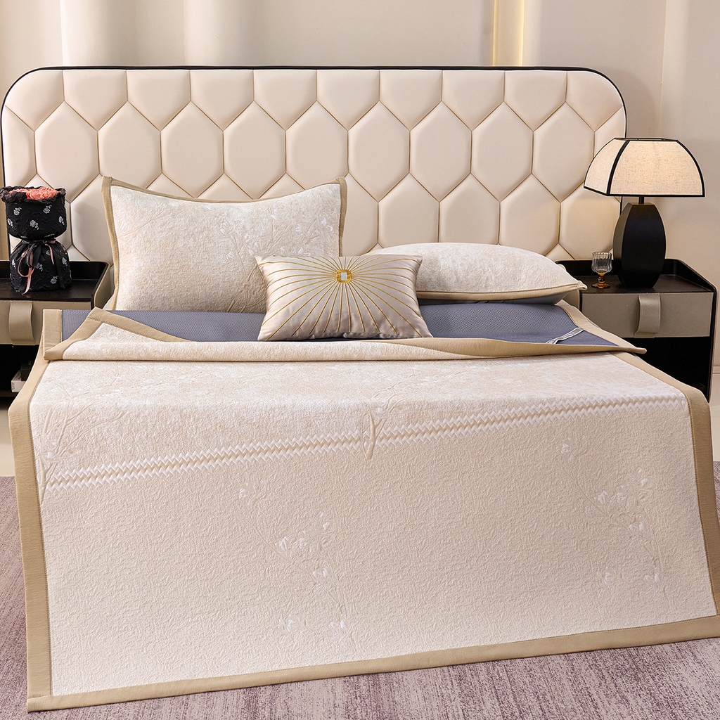 91家纺网 家纺一手货源 找家纺 梵克保罗 2026春夏新款A类3D凉感冰豆豆席刺绣席子凉席三件套-平铺款花枝招展 平铺款-花枝招展米色