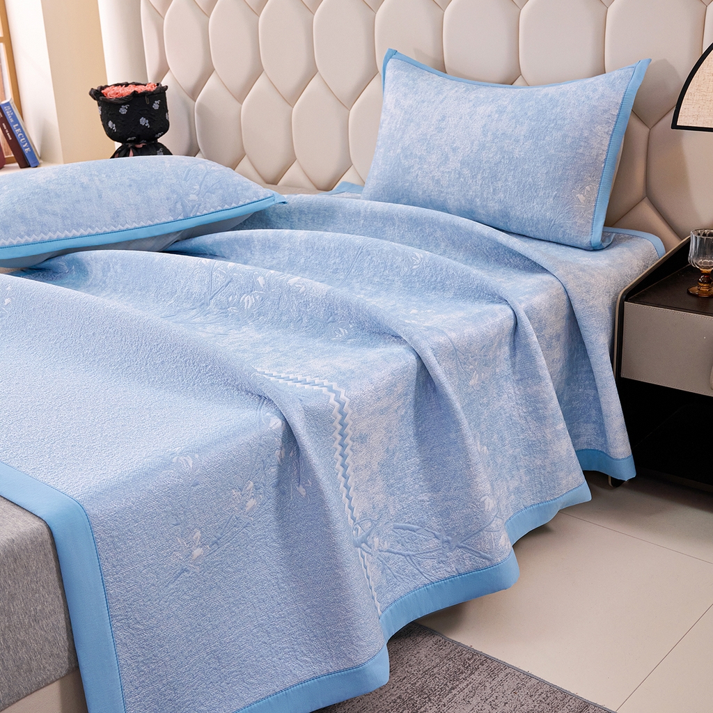 91家纺网 家纺一手货源 找家纺 梵克保罗 2026春夏新款A类3D凉感冰豆豆席刺绣席子凉席三件套-平铺款花枝招展 平铺款-花枝招展蓝色