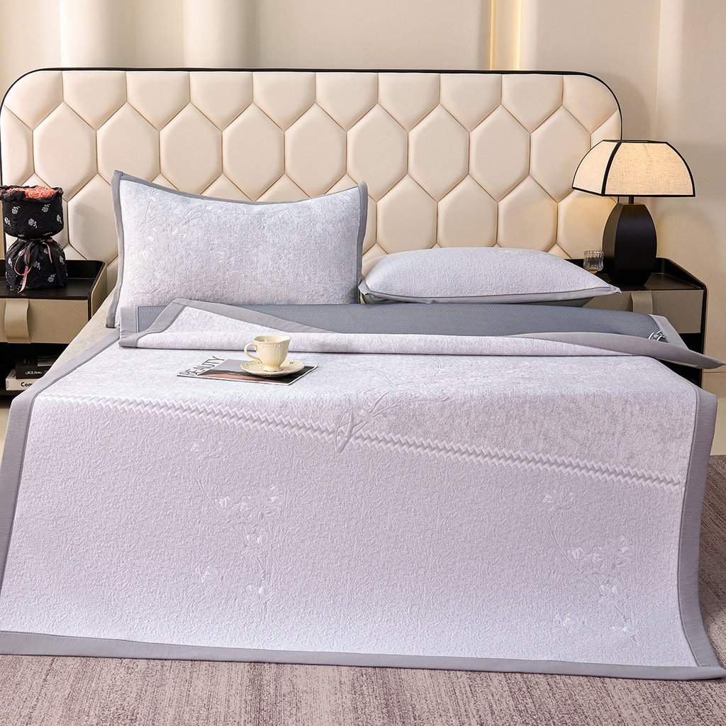 91家纺网 家纺一手货源 找家纺 梵克保罗 2026春夏新款A类3D凉感冰豆豆席刺绣席子凉席三件套-平铺款花枝招展 平铺款-花枝招展灰色