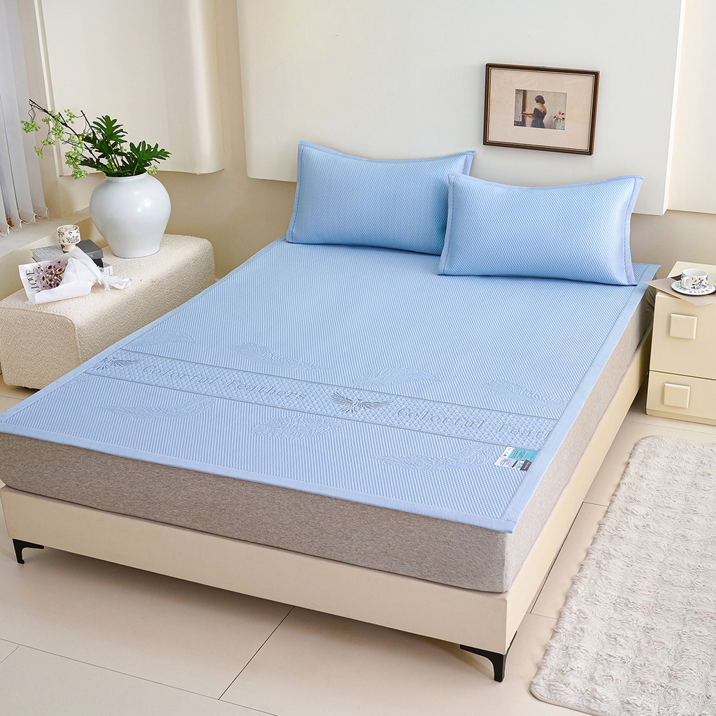 梵克保罗 2026春夏新款A类3D凉感冰豆豆席刺绣席子凉席三件套-平铺款绚丽羽毛 平铺款-绚丽羽毛蓝