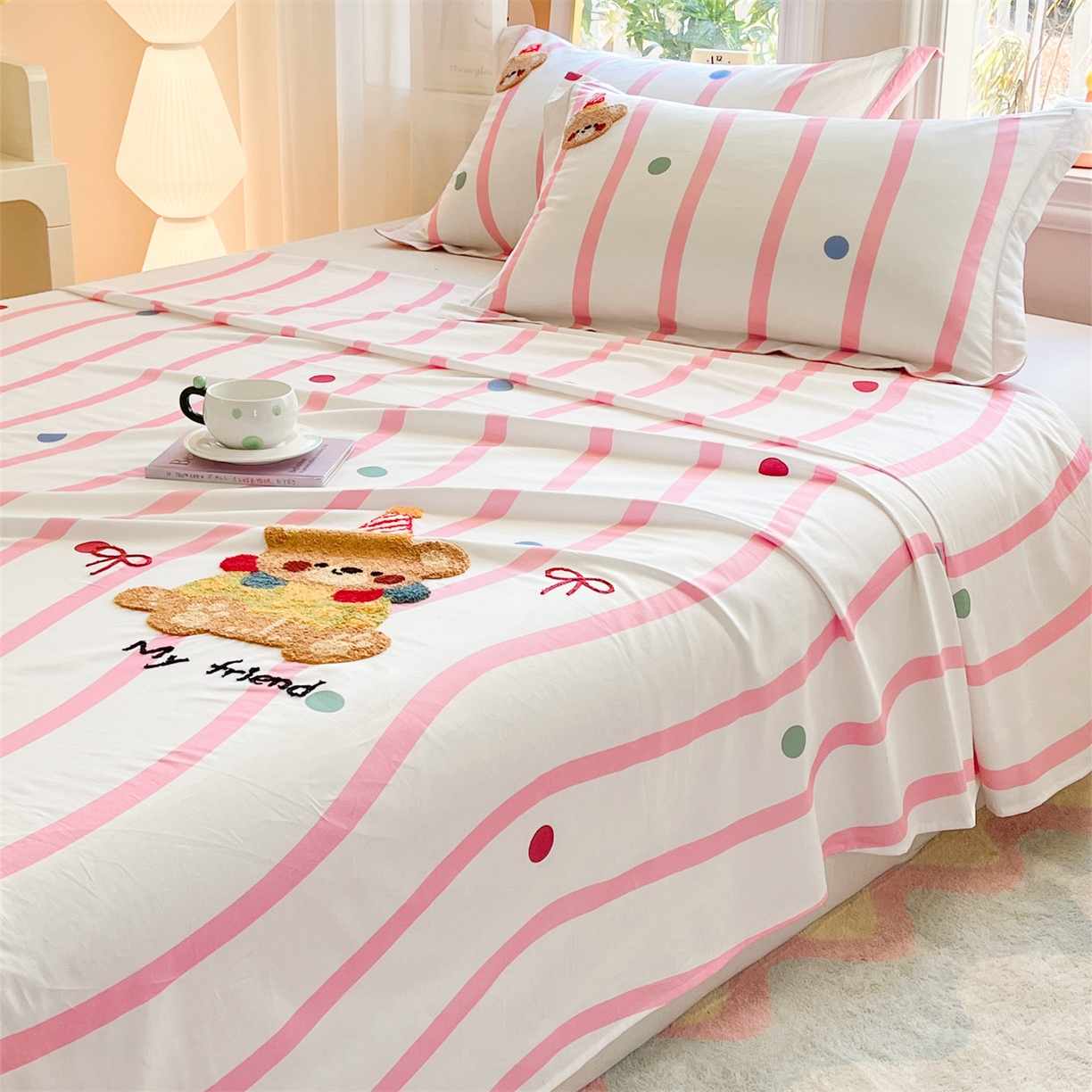 91家纺网 家纺一手货源 找家纺 笙意家纺 2026新款50S全棉纯棉毛巾绣单品床单床单单件 派对小熊