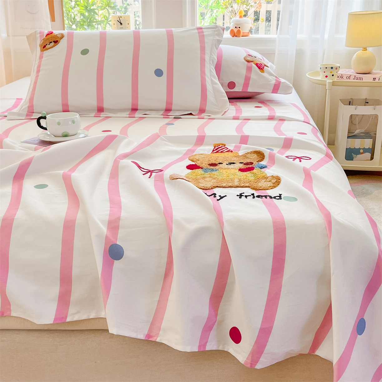 91家纺网 家纺一手货源 找家纺 笙意家纺 2026新款50S全棉纯棉毛巾绣单品床单床单单件 派对小熊