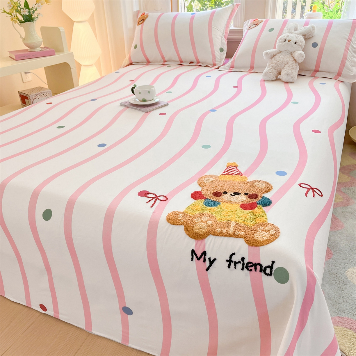 91家纺网 家纺一手货源 找家纺 笙意家纺 2026新款50S全棉纯棉毛巾绣单品床单床单单件 派对小熊