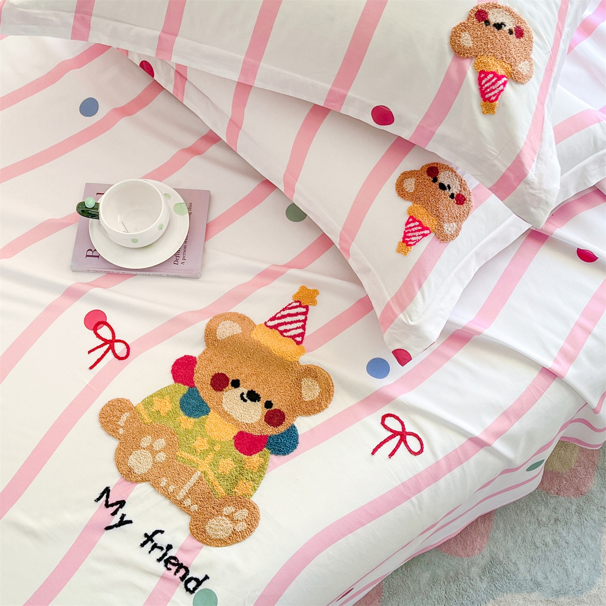 91家纺网 家纺一手货源 找家纺 笙意家纺 2026新款50S全棉纯棉毛巾绣单品床单床单单件 派对小熊