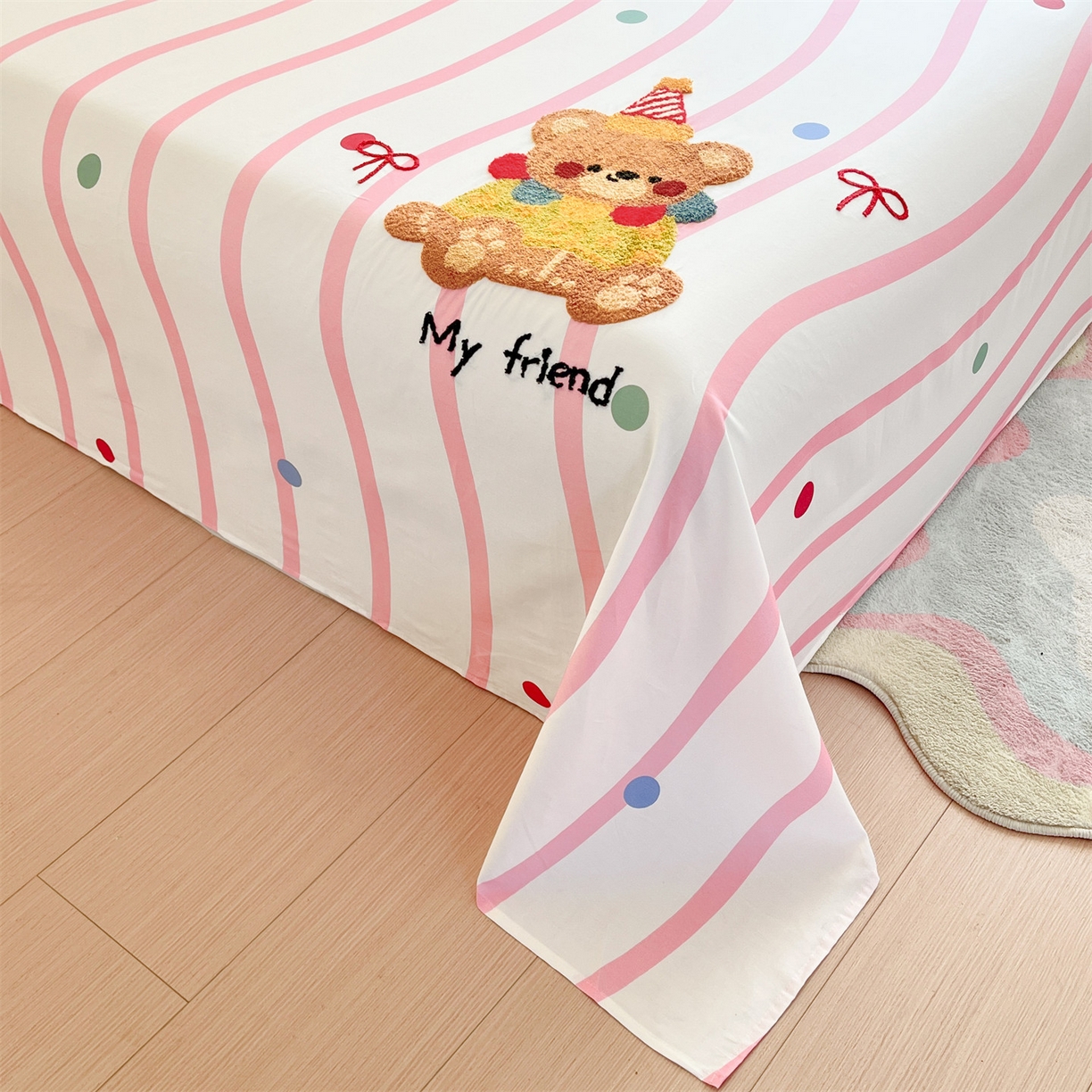 91家纺网 家纺一手货源 找家纺 笙意家纺 2026新款50S全棉纯棉毛巾绣单品床单床单单件 派对小熊