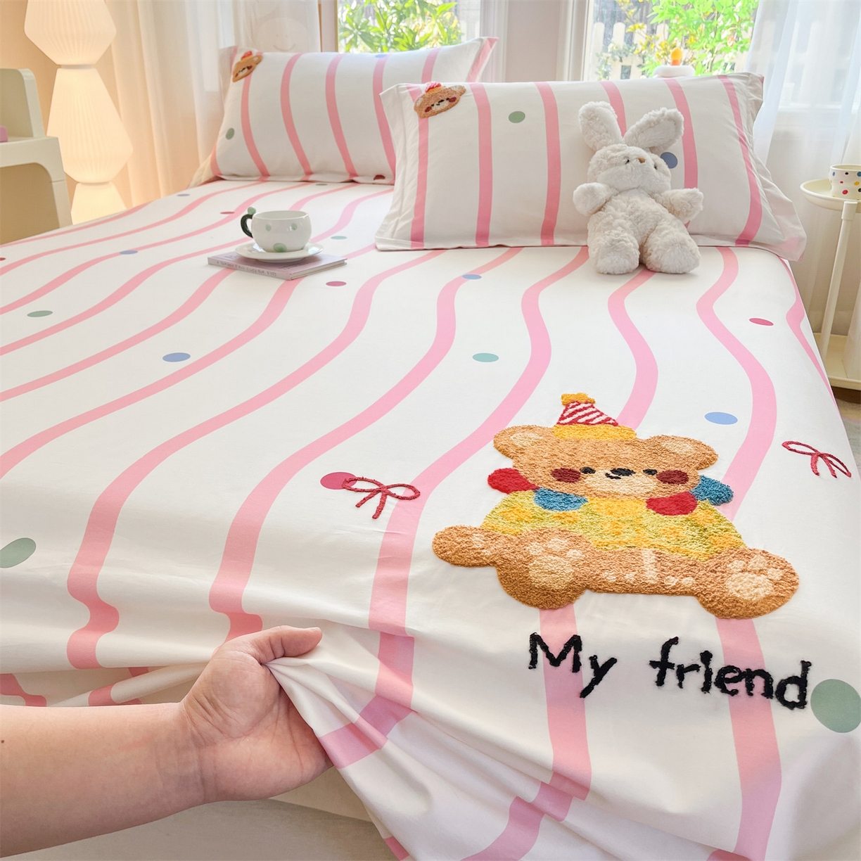 91家纺网 家纺一手货源 找家纺 笙意家纺 2026新款50S全棉纯棉毛巾绣单品床单床单单件 派对小熊