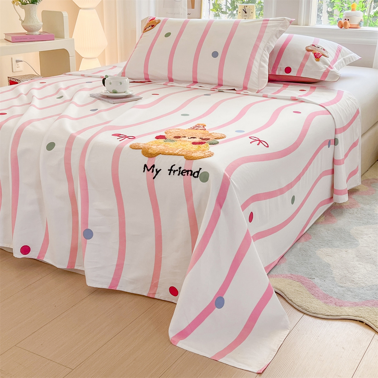 91家纺网 家纺一手货源 找家纺 笙意家纺 2026新款50S全棉纯棉毛巾绣单品床单床单单件 派对小熊